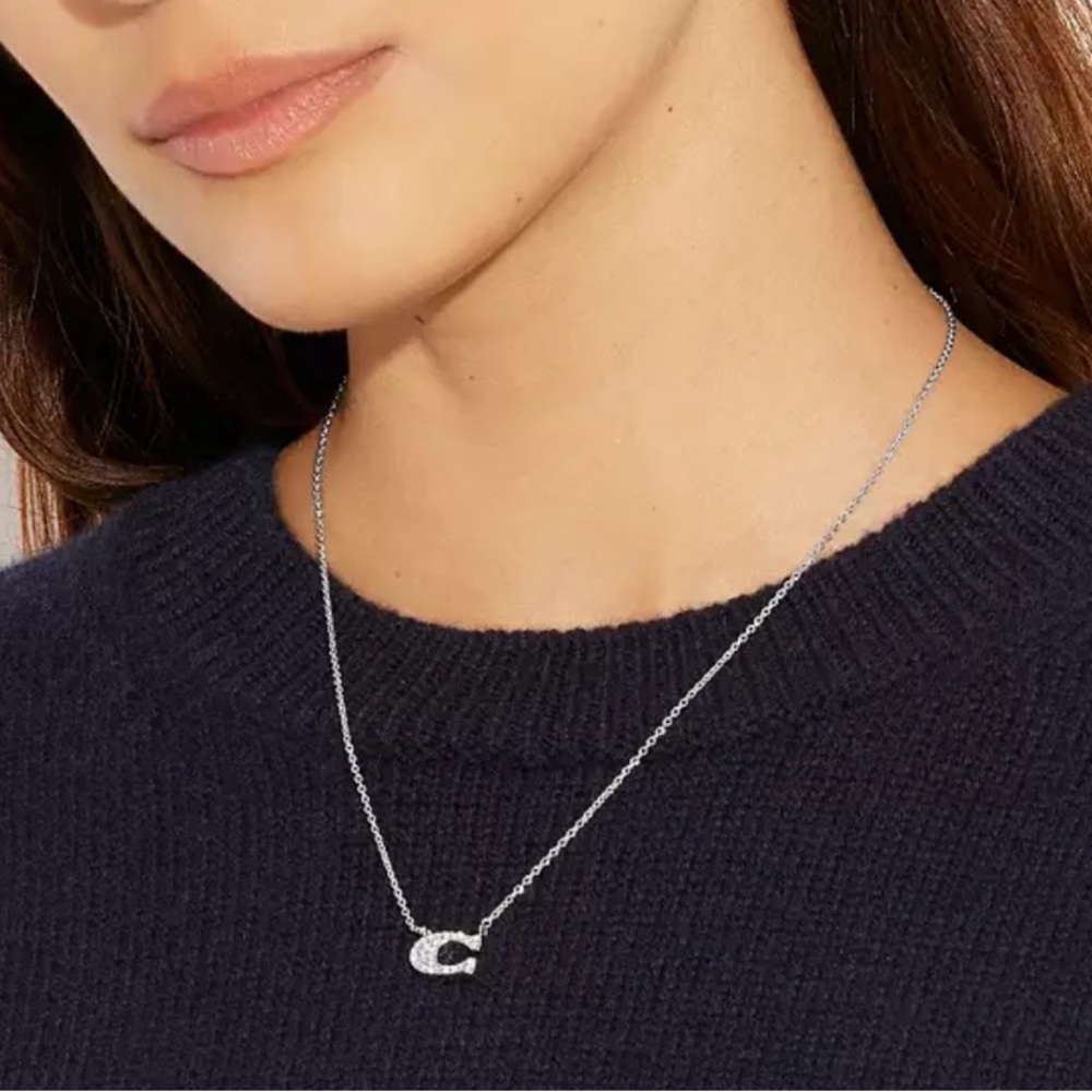 Coach Silver Pave Signature C Pendant Necklace - Picture 8 of 8